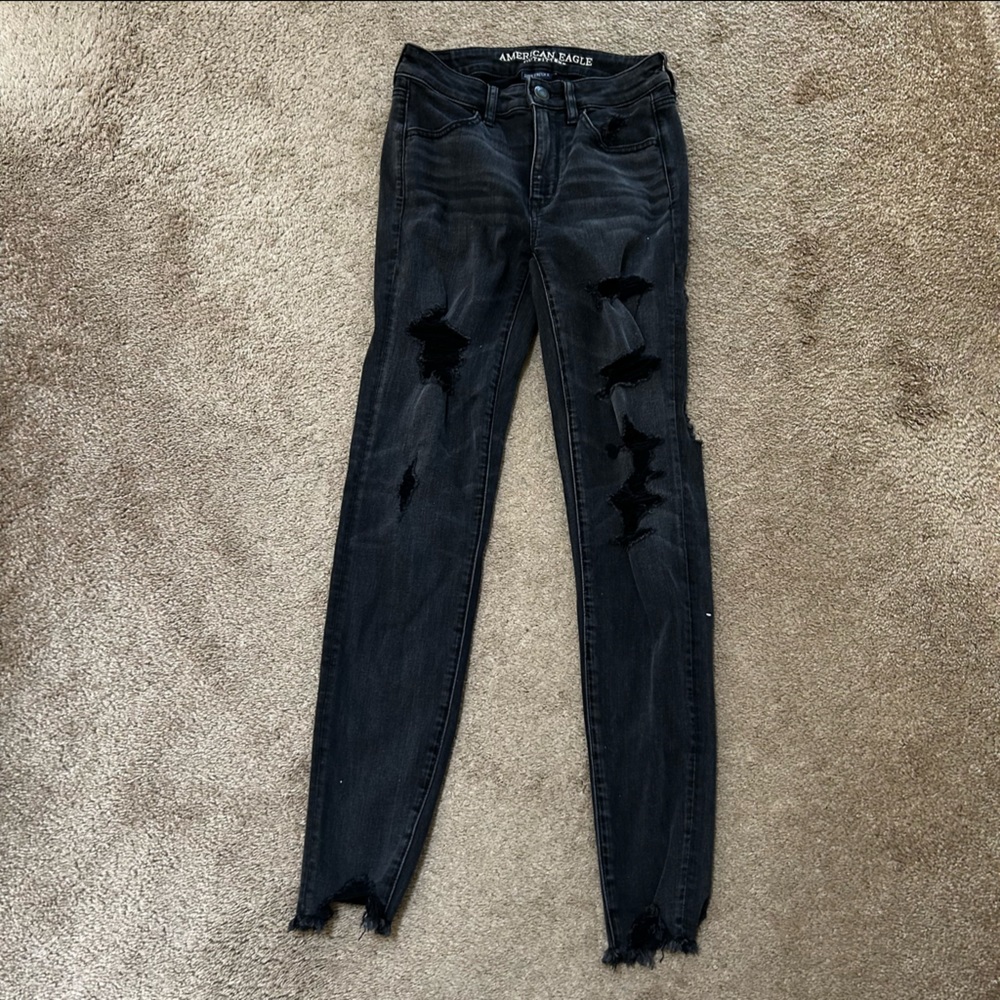 American eagle hi rise jeggings black distressed 2 long